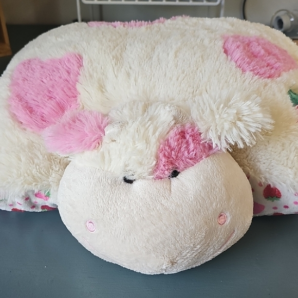Cute Pink and Cream Cow Pillow Pet. With Strawberries. - Picture 1 of 8